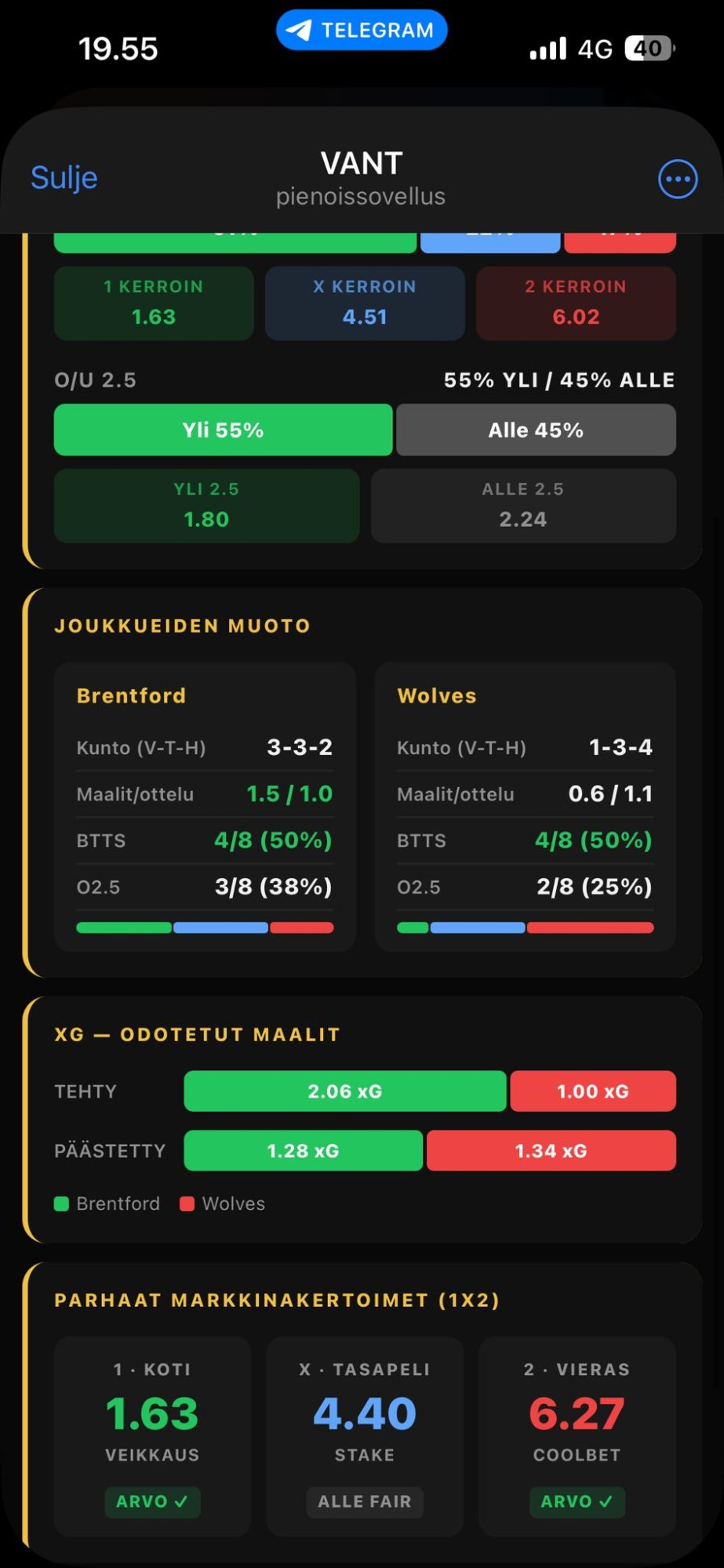 VANT mini-app otteluanalyysi